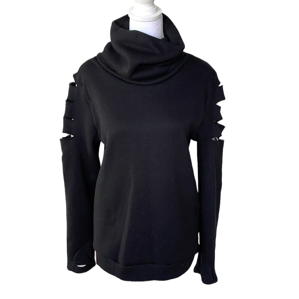 Vintage Y2K Black Funnel Neck Fleece Sweatshirt Sliced Sleeves B & W Print S